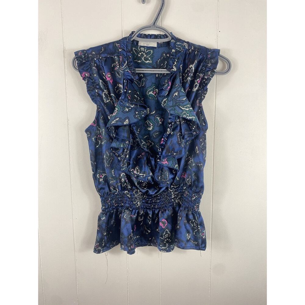 STRETCH Navy Paisley Print Ruffle Y2K Boho Top M Fairy Whimsigoth Gypsy Sexy